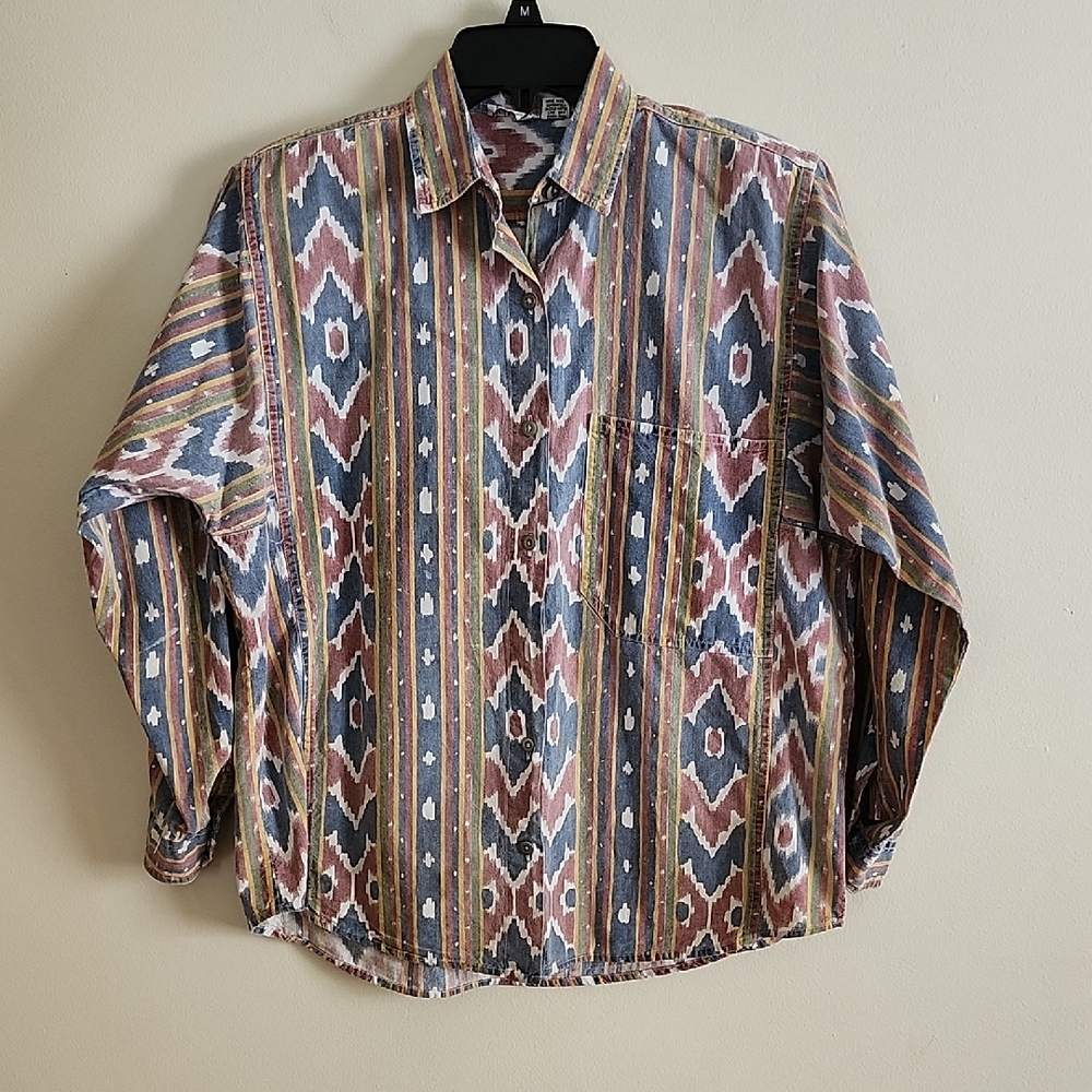Vintage Sudden Impact Multicolor Geometric Pattern Men's Button Down Shirt Rodeo